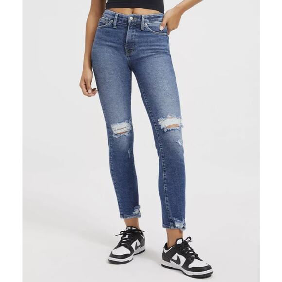 GOOD AMERICAN Good Straight Ripped Ankle Jeans Size 29 US 8 Indigo Blue NWT - Picture 1 of 12